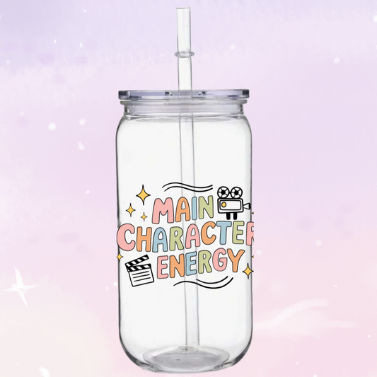 Clear glass jar with colorful text and icons on a gradient background