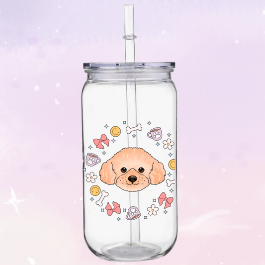 Glass jar with a pink dog illustration and decorative elements on a gradient background